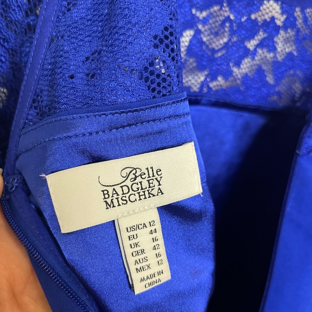 Badgley Mischka‎ Belle Royal Blue Floral Lace Detail Sleeves Mini Dress Sz 12 - Picture 7 of 9